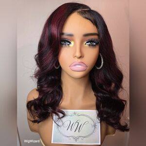Natural Color Black With Burgundy Highlights Human Hair Lace Wig